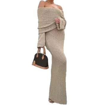 NRTHYE Women's Knit Off Shoulder Crochet Maxi Dress for Chic Vacations