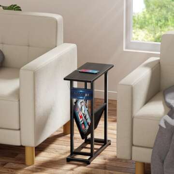 LAKEMID Narrow Side Table Set of 2 with Charging Station, Skinny Side Tables with Storage, Slim End ...
