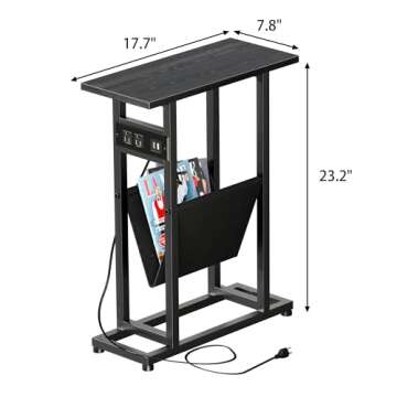 LAKEMID Narrow Side Table Set of 2 with Charging Station, Skinny Side Tables with Storage, Slim End Tables for Small Spaces with USB Ports for Living Room, Bedroom, Black