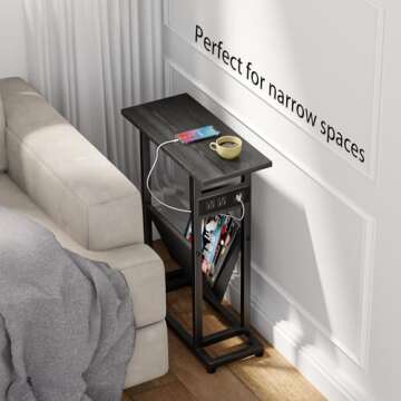 LAKEMID Narrow Side Table Set of 2 with Charging Station, Skinny Side Tables with Storage, Slim End Tables for Small Spaces with USB Ports for Living Room, Bedroom, Black