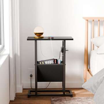 LAKEMID Narrow Side Table Set of 2 with Charging Station, Skinny Side Tables with Storage, Slim End Tables for Small Spaces with USB Ports for Living Room, Bedroom, Black