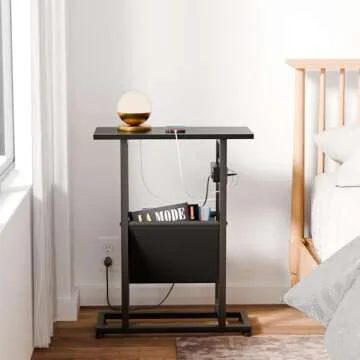 LAKEMID Narrow Side Table Set of 2 with Charging Station, Skinny Side Tables with Storage, Slim End Tables for Small Spaces with USB Ports for Living Room, Bedroom, Black