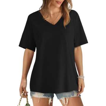 Womens Summer Tops Loose Fit V Neck T Shirts Plus Size Casual Tee
