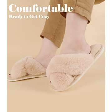 Ankis Camel Womens Fuzzy Slippers - 2Pair Cozy, Soft, Comfy, Relax Fluffy Slippers, Cross Band, Open...
