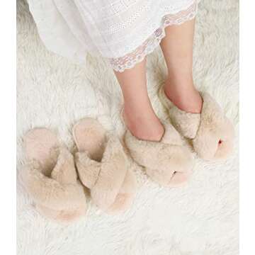 Ankis Camel Womens Fuzzy Slippers - 2Pair Cozy, Soft, Comfy, Relax Fluffy Slippers, Cross Band, Open Toe, Non-slip Womens Slippers, Indoor and Outdoor Fluffy Slippers