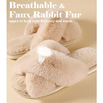 Ankis Camel Womens Fuzzy Slippers - 2Pair Cozy, Soft, Comfy, Relax Fluffy Slippers, Cross Band, Open Toe, Non-slip Womens Slippers, Indoor and Outdoor Fluffy Slippers