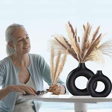 Black Ceramic Vase for Modern Home Decor, Round Matte Pampas Flower Vases Minimalist Nordic Boho Ins...