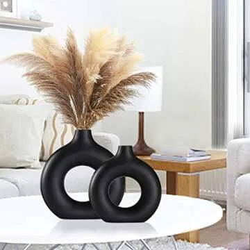 Black Ceramic Vase for Modern Home Decor, Round Matte Pampas Flower Vases Minimalist Nordic Boho Ins Style for Wedding Dinner Table Party Living Room Office Bedroom, Decorative Gift