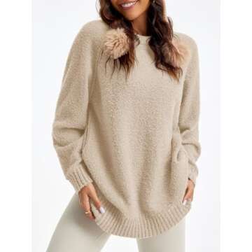 Saodimallsu Womens Oversized Sweater 2024 Fall Trendy Fuzzy Crew Neck Long Sleeve Casual Tunic Sweaters Apricot