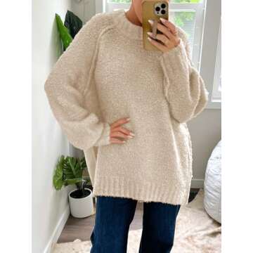 Saodimallsu Womens Oversized Sweater 2024 Fall Trendy Fuzzy Crew Neck Long Sleeve Casual Tunic Sweaters Apricot