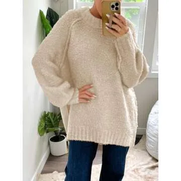 Saodimallsu Womens Oversized Sweater 2024 Fall Trendy Fuzzy Crew Neck Long Sleeve Casual Tunic Sweaters Apricot