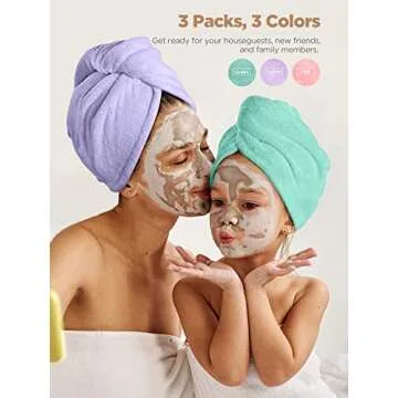 Hicober Microfiber Hair Towel, 3 Packs Hair Turbans for Wet Hair, Drying Hair Wrap Towels for Curly Hair Women Anti Frizz (Pink,Purple,Green)