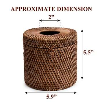 Rattan Tissue Box Cover Round Wicker Toilet Paper Roll Holders 5.9D x 5.5H In Decorative Storage Boxes With Hinged Lids Single Roll Storage Basket Tissues Protector With Lid For Bathroom (Dark Brown)