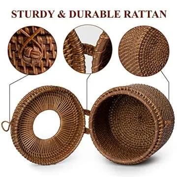 Rattan Tissue Box Cover Round Wicker Toilet Paper Roll Holders 5.9D x 5.5H In Decorative Storage Boxes With Hinged Lids Single Roll Storage Basket Tissues Protector With Lid For Bathroom (Dark Brown)
