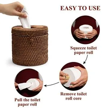 Rattan Tissue Box Cover Round Wicker Toilet Paper Roll Holders 5.9D x 5.5H In Decorative Storage Boxes With Hinged Lids Single Roll Storage Basket Tissues Protector With Lid For Bathroom (Dark Brown)