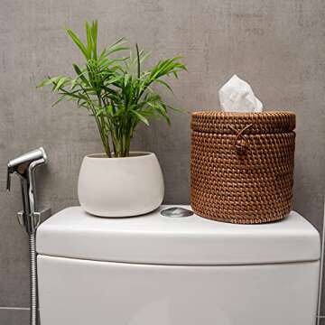 Rattan Tissue Box Cover Round Wicker Toilet Paper Roll Holders 5.9D x 5.5H In Decorative Storage Boxes With Hinged Lids Single Roll Storage Basket Tissues Protector With Lid For Bathroom (Dark Brown)