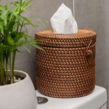 Rattan Tissue Box Cover Round Wicker Toilet Paper Roll Holders 5.9D x 5.5H In Decorative Storage Boxes With Hinged Lids Single Roll Storage Basket Tissues Protector With Lid For Bathroom (Dark Brown)
