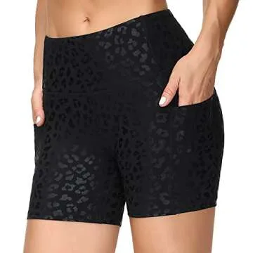 THE GYM PEOPLE High Waist Yoga Shorts for Women Tummy Control Fitness Athletic Workout Running Shorts with Deep Pockets (Medium, Black spot Leopard)