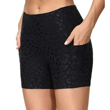 THE GYM PEOPLE High Waist Yoga Shorts for Women Tummy Control Fitness Athletic Workout Running Shorts with Deep Pockets (Medium, Black spot Leopard)