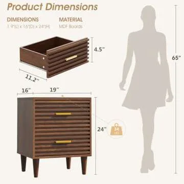 Alohappy Nightstands Set of 2, Mid Century Modern Night Stands, Fluted Bedside Table for Bedroom, End Table with Storage Drawers, Vintage Bed Side Table Wood Accent Table for Living Room, Brown 2pcs