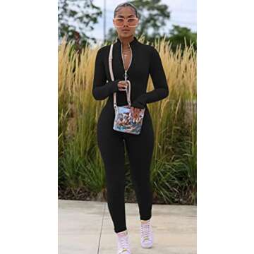 GOBLES Women's Sexy Long Sleeve Front Zipper Mock Neck Bodycon Jumpsuit Rompers Black