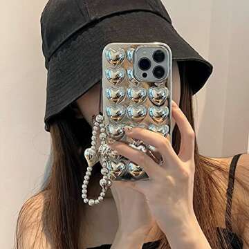 Shinymore iPhone 12 Pro Max Heart Case, Fashion Bling Glitter Silver Cute Soft Silicone Tin Foil Case with Heart Strap Bracelet Chain Women Girls Case for iPhone 12 Pro Max