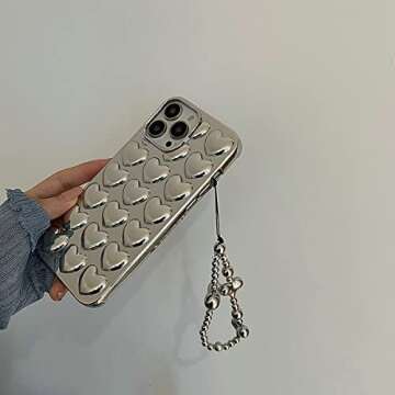 Shinymore iPhone 12 Pro Max Heart Case, Fashion Bling Glitter Silver Cute Soft Silicone Tin Foil Case with Heart Strap Bracelet Chain Women Girls Case for iPhone 12 Pro Max