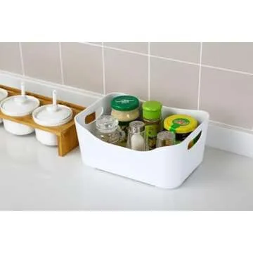 YBM HOME Storage Bins - Open Plastic Organizers and Storage Basket for Kitchen Pantry Organization, Under Sink Bathroom Storage, Toy Baskets, Food Storage Box Containers (Small - White)