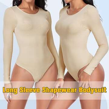 VVX Shapewear Bodysuit for Women Tummy Control Long Sleeve Round Neck Thong Tops Seamless Sexy Body Suits - Nude XS/S