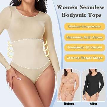 VVX Shapewear Bodysuit for Women Tummy Control Long Sleeve Round Neck Thong Tops Seamless Sexy Body Suits - Nude XS/S