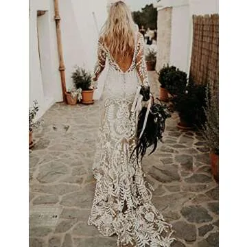 Women's Cowboy Wedding Dress 2 Pieces Long Sleeves Rustic Lace Elopement Mermaid Bridal Gown for Bride(US2, Ivory Slip)