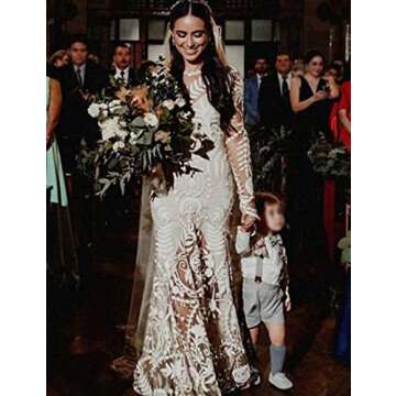 Women's Cowboy Wedding Dress 2 Pieces Long Sleeves Rustic Lace Elopement Mermaid Bridal Gown for Bride(US2, Ivory Slip)