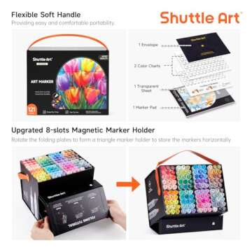Shuttle Art 121 Colors Alcohol Markers, 120 Colors Dual Tip Art Marker Set Plus 1 Colorless Blender with Marker Case Perfect for Illustration Students Adult Coloring Sketching