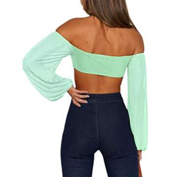 Avanova Women's Off Shoulder Asymmetrical Hem Long Sleeve Crop Top Light Green 02 Small