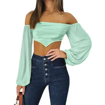 Avanova Women's Off Shoulder Asymmetrical Hem Long Sleeve Crop Top Light Green 02 Small