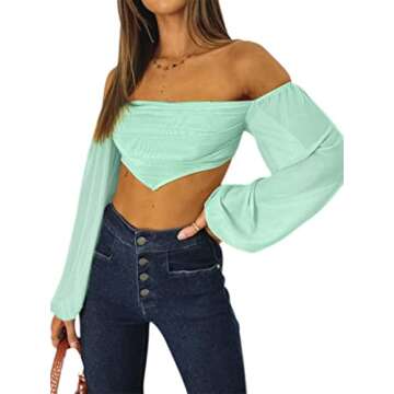 Avanova Women's Off Shoulder Asymmetrical Hem Long Sleeve Crop Top Light Green 02 Small