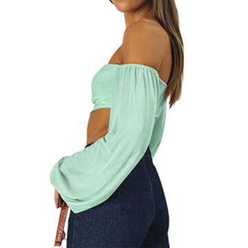Avanova Women's Off Shoulder Asymmetrical Hem Long Sleeve Crop Top Light Green 02 Small