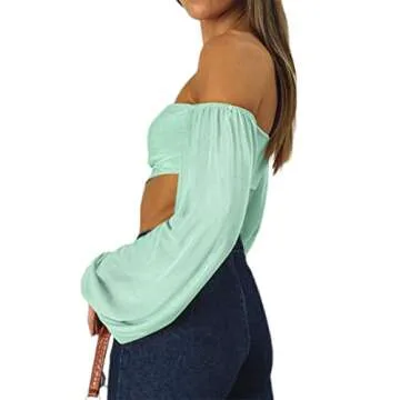 Avanova Women's Off Shoulder Asymmetrical Hem Long Sleeve Crop Top Light Green 02 Small