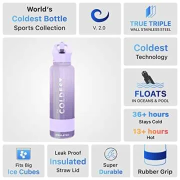 Coldest Sports Water Bottle - 40 oz, Leak Proof, Purple Ombré Glitter