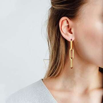 FOCALOOK Link Chain Drop Earrings 18K Gold Plated Minimalist Paperclip Chain Dangle Earrings for Women