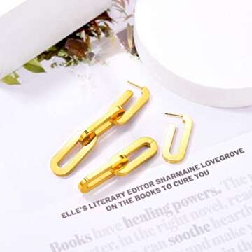 FOCALOOK Link Chain Drop Earrings 18K Gold Plated Minimalist Paperclip Chain Dangle Earrings for Women