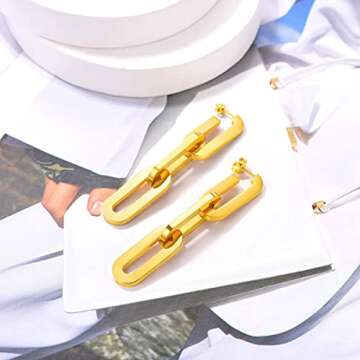 FOCALOOK Link Chain Drop Earrings 18K Gold Plated Minimalist Paperclip Chain Dangle Earrings for Women