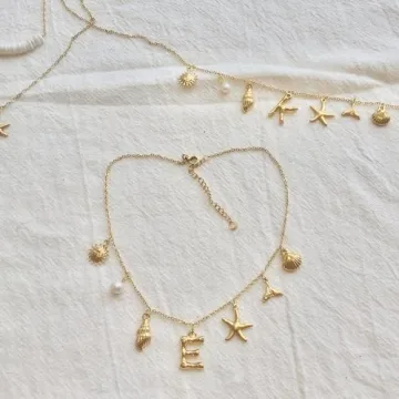 Gold Initial Necklace with Starfish Pearl Seashells - Beach Jewelry