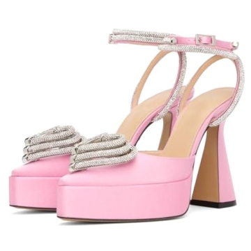 EQAUDES Platform Heels For Women Chunky Heel Ankle Strap Pointy Toe Heels Triple Hearts Party Rhines...