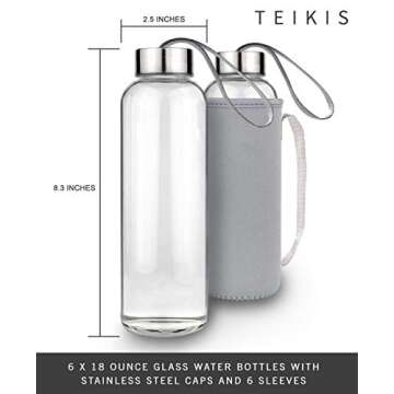 TeiKis Glass Water Bottles 6 Pack - 18 oz Clear Glass Bottles with Caps and Nylon Protective Sleeves - Glass Juice Bottles for Juicing - Reusable Glass Bottle for Water, Smoothie, Beverage