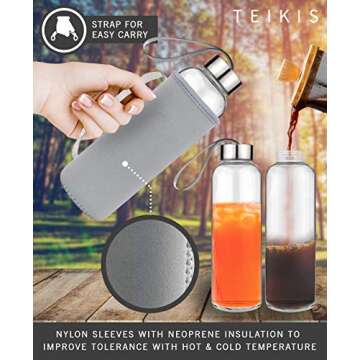 TeiKis Glass Water Bottles 6 Pack - 18 oz Clear Glass Bottles with Caps and Nylon Protective Sleeves - Glass Juice Bottles for Juicing - Reusable Glass Bottle for Water, Smoothie, Beverage