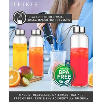 TeiKis Glass Water Bottles 6 Pack - 18 oz Clear Glass Bottles with Caps and Nylon Protective Sleeves - Glass Juice Bottles for Juicing - Reusable Glass Bottle for Water, Smoothie, Beverage