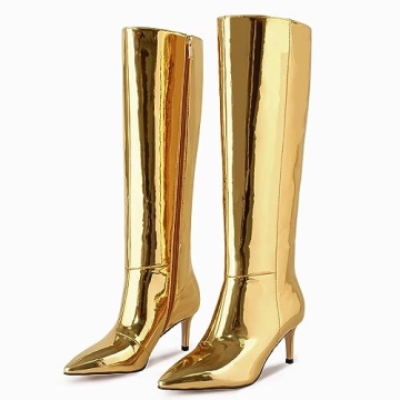 WETKISS Gold Knee High Boots for Women with Comfort