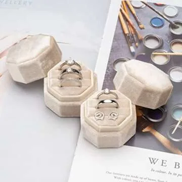Giftop Equal Octagon Velvet Ring Box Storage 3 Slots for Wedding Ceremony Proposal Engagement Birthday Gift (Beige)