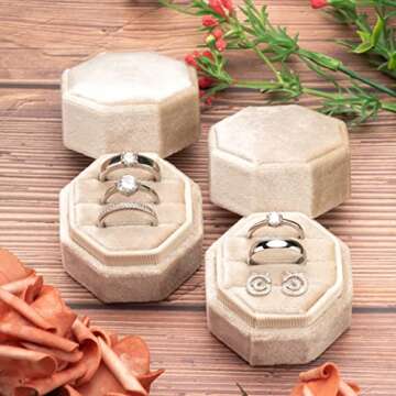 Giftop Equal Octagon Velvet Ring Box Storage 3 Slots for Wedding Ceremony Proposal Engagement Birthday Gift (Beige)